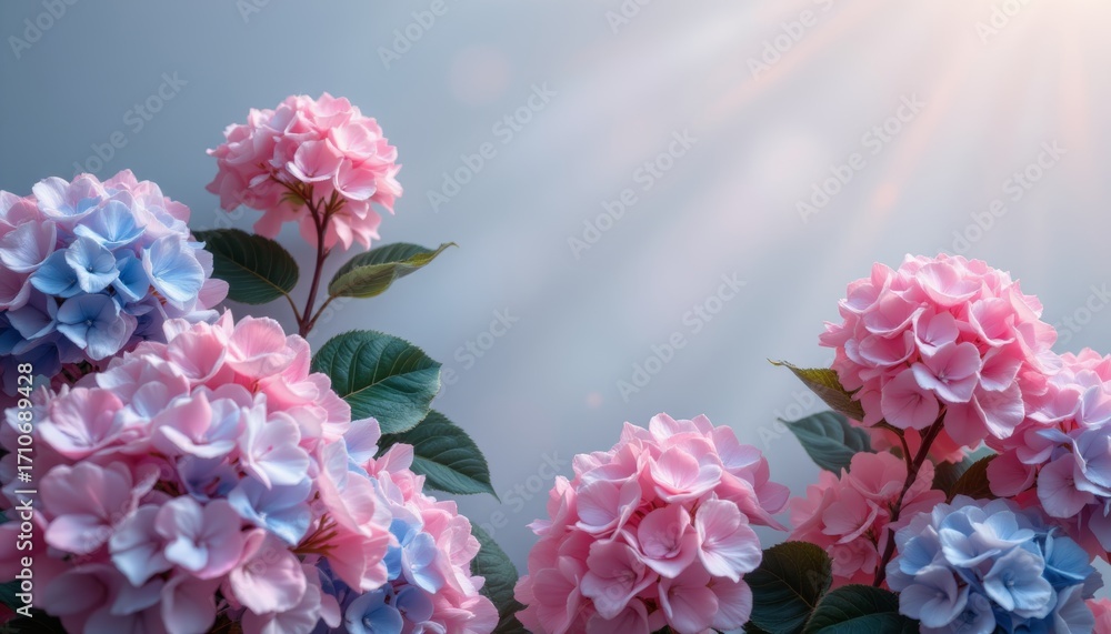 Fototapeta premium Pink and Blue Hydrangea Flowers in Sunlight