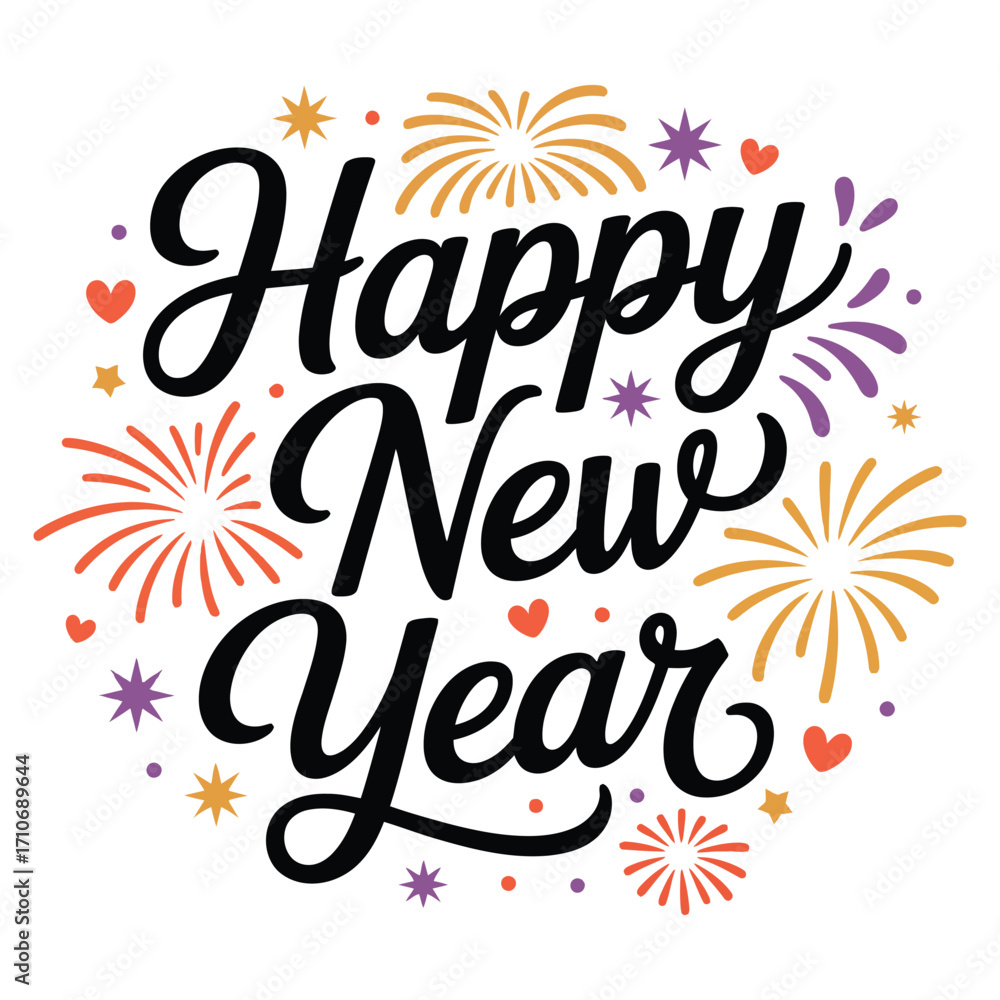 Obraz premium Happy new year handwritten text with colorful fireworks and confetti celebration