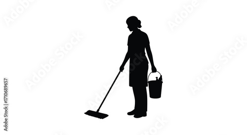 Silhouette of a woman cleaning with a mop and bucket