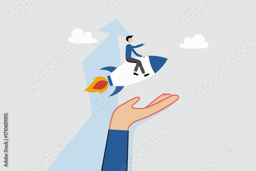 Venture capital to funding startup company, businessman riding launching company rocket in supporter hand