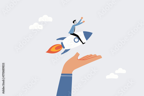Venture capital to funding startup company, businessman riding launching company rocket in supporter hand