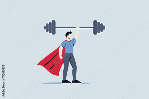 Business Strengths, strong businessman hero shows his strength by easily lifting heavy weight.