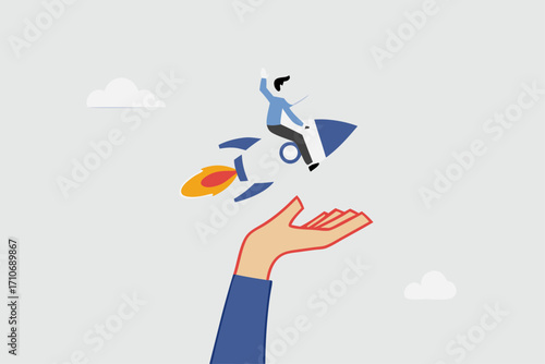 Venture capital to funding startup company, businessman riding launching company rocket in supporter hand