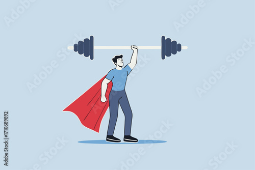 Business Strengths, strong businessman hero shows his strength by easily lifting heavy weight.