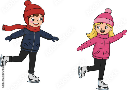 Happy kids ice skating in winter, boy and girl wearing warm clothes, outdoor fun activity, children enjoying snow season illustration