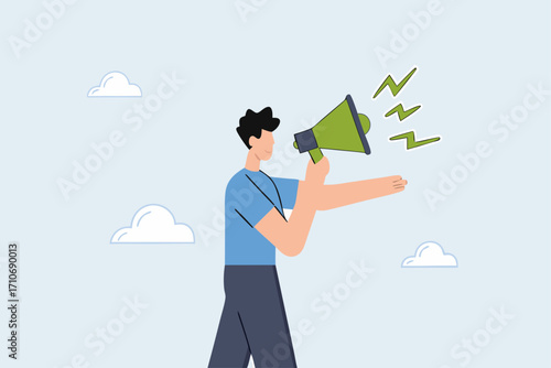 Manager authority, businessman rages shouting orders into a megaphone and pointing his finger