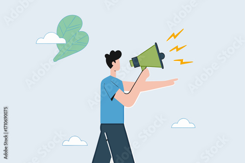 Manager authority, businessman rages shouting orders into a megaphone and pointing his finger