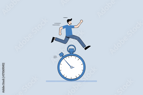 Sense of urgency, businessman running and jumping high above the countdown clock