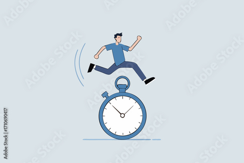 Sense of urgency, businessman running and jumping high above the countdown clock