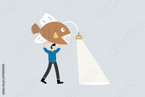 Business direction, businessman carries angler fish as torch to guide way
