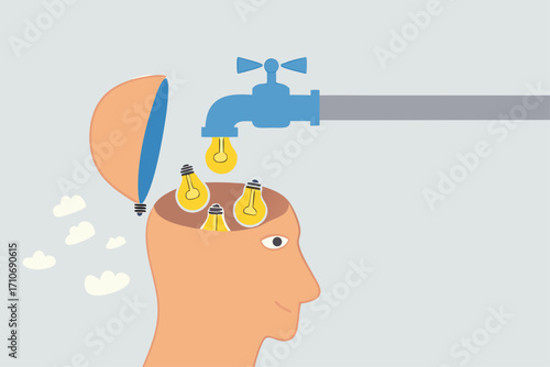 Learn new skills, bright lightbulb ideas flow from pipe into human head