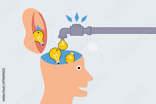 Learn new skills, bright lightbulb ideas flow from pipe into human head