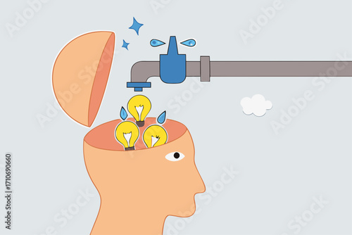 Learn new skills, bright lightbulb ideas flow from pipe into human head