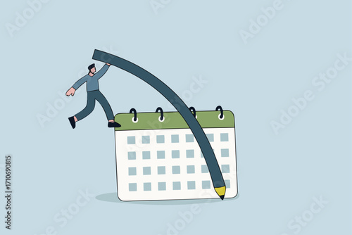 Flexible work schedule, businessman using pencil pole vault jumping over calendar