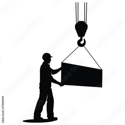 Industrial worker lifting sheet metal with crane silhouette vector isolated in black and white