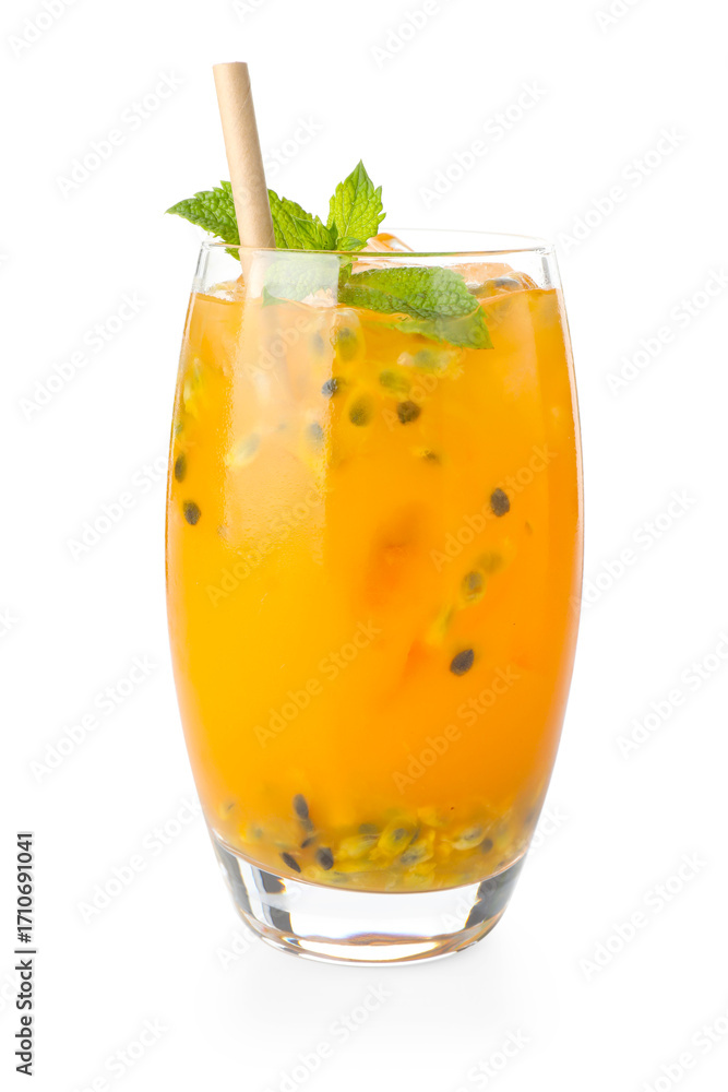 Fototapeta premium Tasty passion fruit drink with mint in glass isolated on white