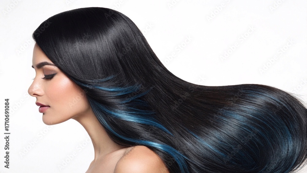 Naklejka premium Woman with sleek black hair and blue highlights Profile of a woman with long, smooth black hair featuring vibrant blue streaks, showcasing modern beauty, style, and elegance. 