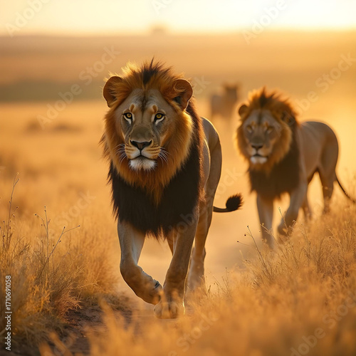 Wallpaper Mural Two lions walk across the golden savanna at sunset, symbolizing strength, power, wilderness, and the majesty of the animal kingdom. Torontodigital.ca