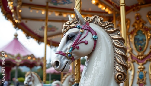an antique merry go round with a gold horse as its centerpiece.