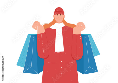Woman holding bags, shopping on autumn sales in retail stores vector illustration. Cartoon happy young female customer carrying gifts and presents in paper bags, girl in warm apparel, scarf and hat
