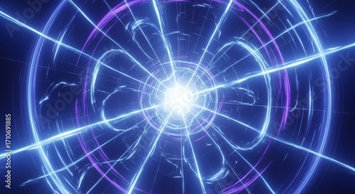 Abstract blue and purple light tunnel with glowing center and radial lines