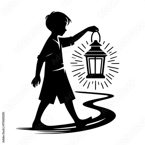 Boy with Lantern Black and White Vector