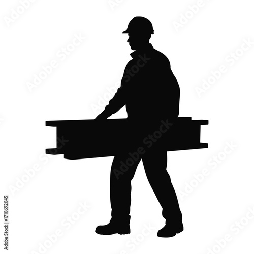 Industrial worker silhouette carrying steel beams, construction labor, heavy load, vector isolated black and white illustration