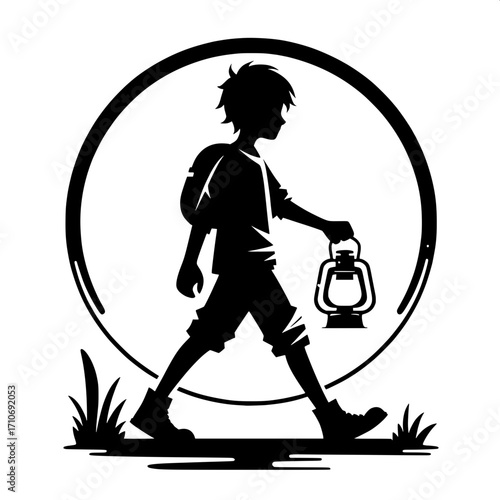 Boy with Lantern Black and White Vector