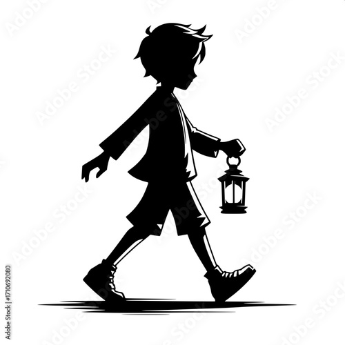 Boy with Lantern Black and White Vector