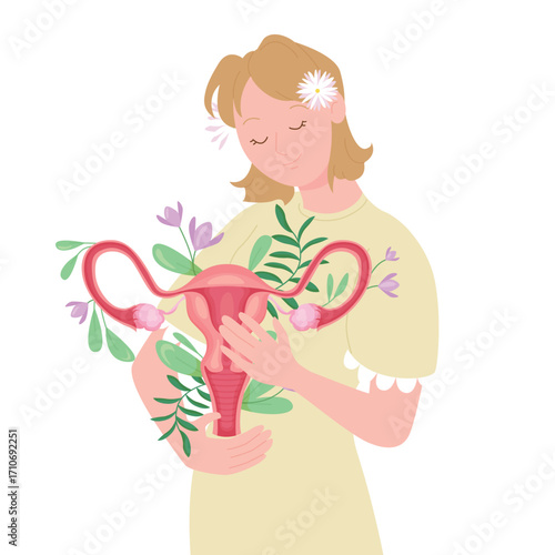 Care and support for health of female reproductive system vector illustration. Cartoon isolated happy woman holding in hands feminine organs in flowers, awareness of problems of gynecology, menopause