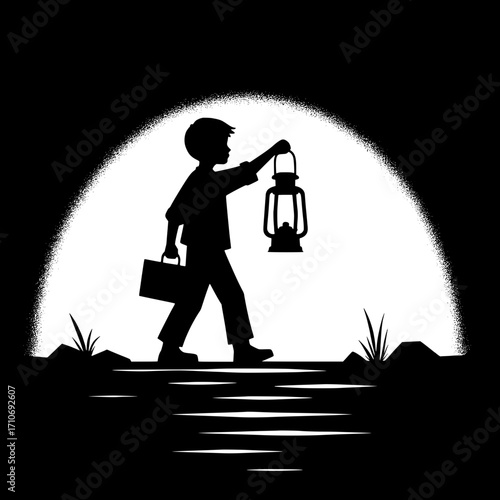 Night Walk with Lantern Boy Vector