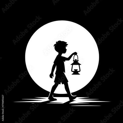 Night Walk with Lantern Boy Vector