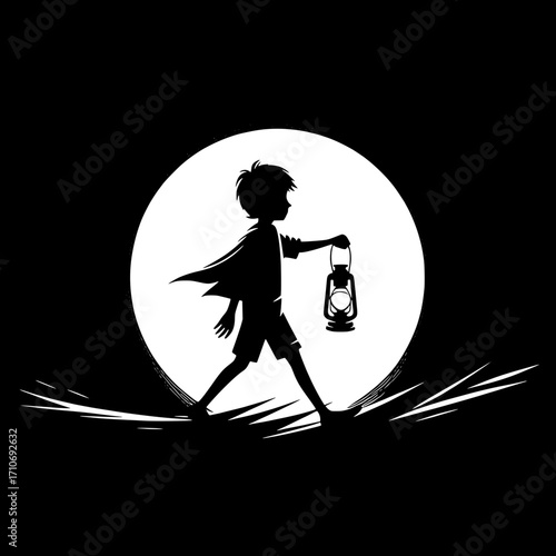 Night Walk with Lantern Boy Vector