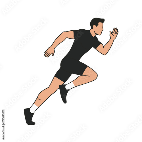 An energetic illustration depicts a fit male athlete in black sportswear, captured mid-stride during a powerful sprint, symbolizing speed and determination.