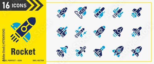 Rocket icon set. Editable Stroke Icon Collection. machine, military, launch product, sword, deploy, transportation. Duotone icons, icon interface, icon pack, vector collection.