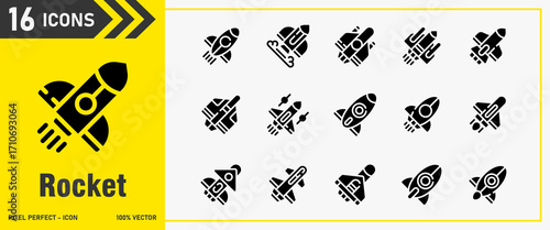Rocket icon set. Editable Stroke Icon Collection. barrier ship, space toy, accessories, business, knock off. Solid icons, icon interface, icon pack, vector collection.