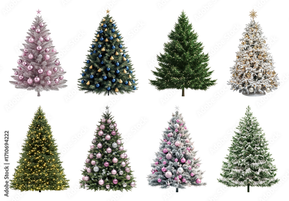 Obraz premium PNG Diverse festive Christmas trees displayed, element set on transparent background