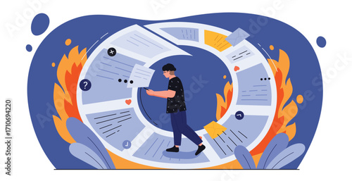 Scrolling online news vector illustration. Cartoon man walking endless email and paper letter feed, person looking at screen of mobile phone to scroll, read and work with digital information