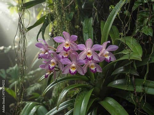 Cluster of delicate pink and purple orchids with yellow centers blooming in a lush green rainforest setting Keywords: orchid, flower, bloom, blooming, blossom, floral, plant, botanical, nature