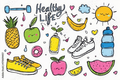Colorful doodles representing a healthy lifestyle with fruits, sneakers, and water bottle