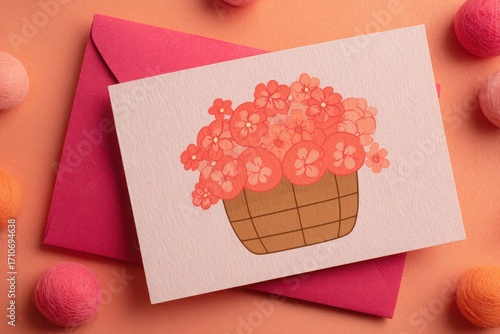 Colorful floral greeting card with a basket of flowers on a pink background surrounded by pom-poms