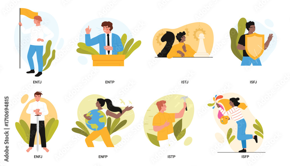 Fototapeta premium MBTI, socionics types set vector illustration. Cartoon isolated characters with different types of behavior and mindset, individual psychology testing for personal growth, professional career