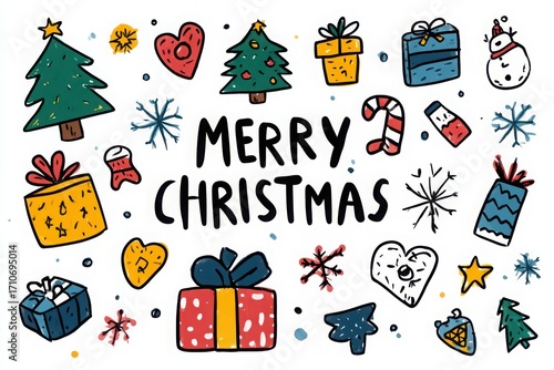 Colorful hand-drawn Christmas decorations with gifts, trees, and festive elements