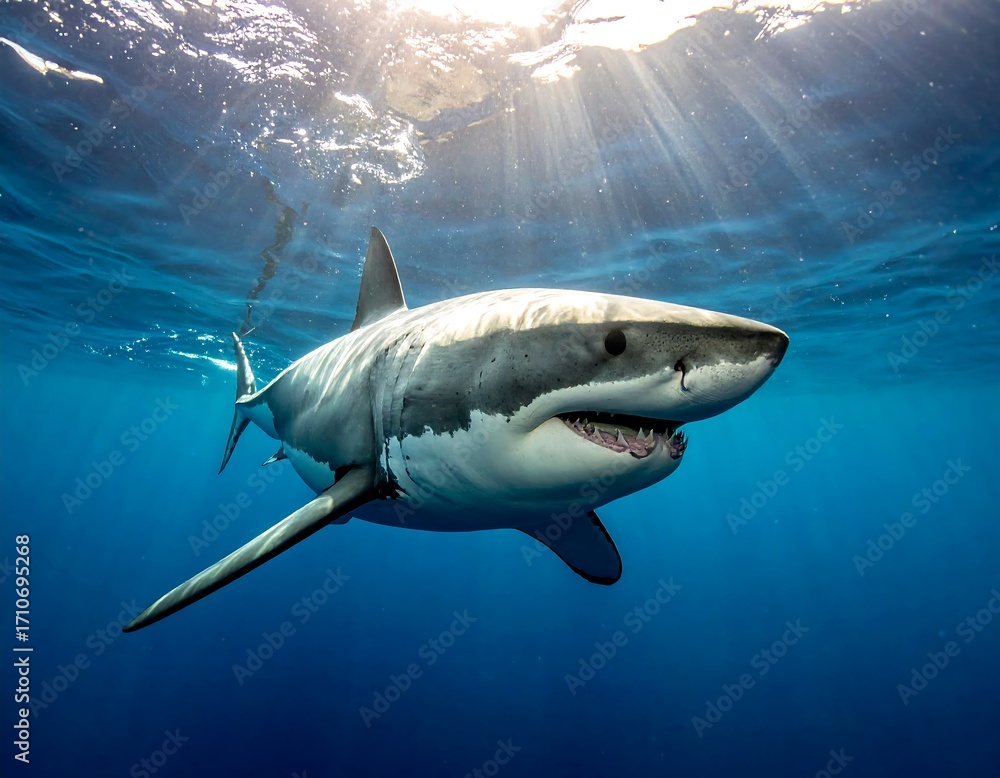 Fototapeta premium Great white shark in deep blue ocean. Sunlight beams through the water