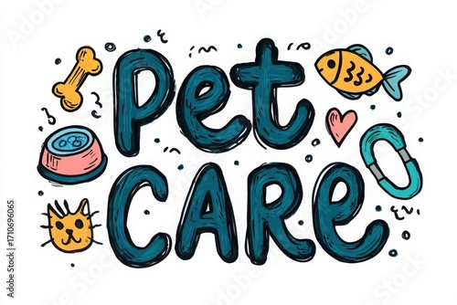 Colorful hand-drawn illustrations of pet care items, showcasing a playful theme for animal lovers