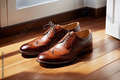 pair of brown shoes on wooden floor near the door