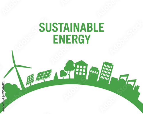 Sustainable Energy Concept with Green Landscape and Renewable Resources Vector Graphic