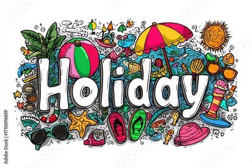 Colorful holiday-themed illustration featuring beach items, sun, and tropical elements