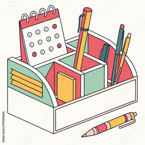 Illustration of a desk organizer with calendar and pens in pastel colors