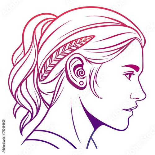 Gradient illustration of a womans profile with feather hair accessory